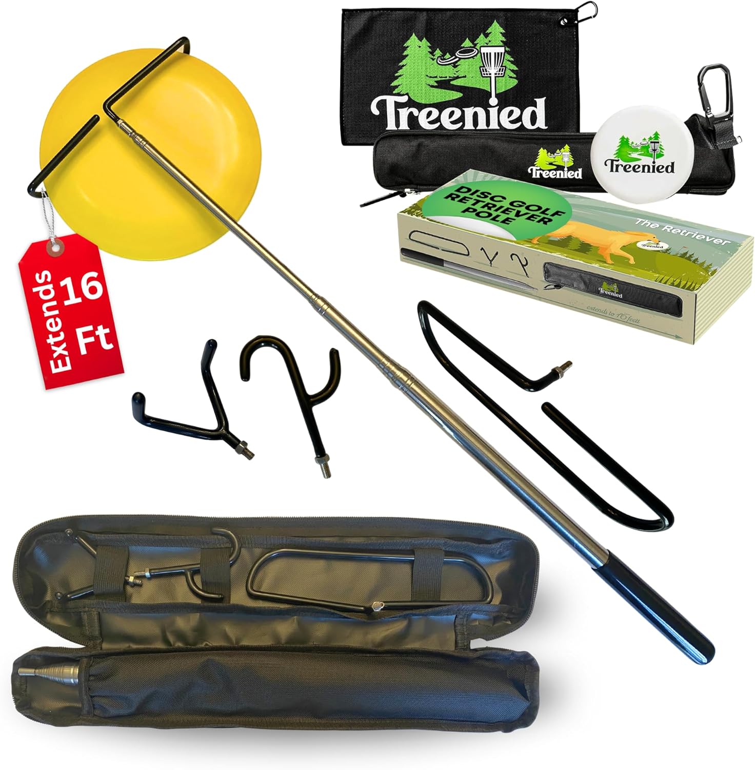 Treenied 16 Foot disc golf retriever set with carrying case, towel, and mini-putter